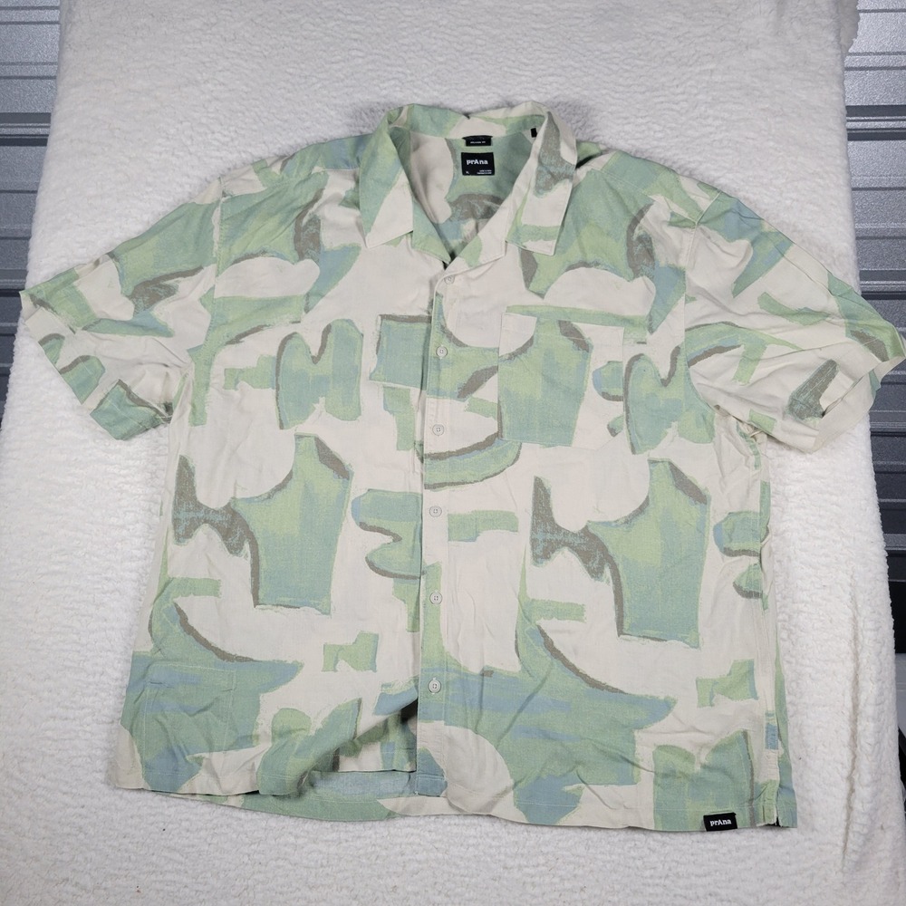Prana Button Down Shirt Mens XL Green Tan Abstract Relaxed Fit Tencel Hemp